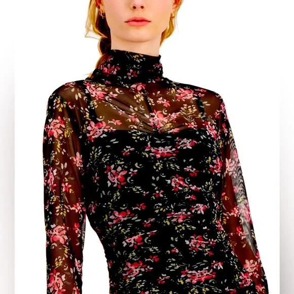 INC International Concepts Floral-Print Mock-Neck Ruched Mesh Dress Size XL - Picture 15 of 16